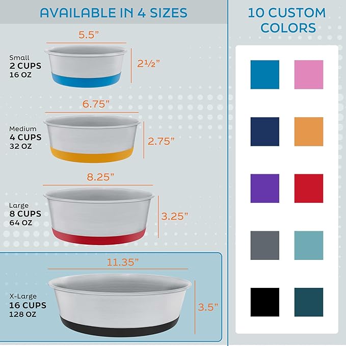 Master Pet Supply Stainless Steel Dog Bowls Set of 2 with Extra Thick Silicone Base - 16 Cup (128 oz) Graphite, Non-Slip, Dishwasher Safe Metal Bowls, Pet Dog Food Bowl for Dogs, Cats, Anti Rust