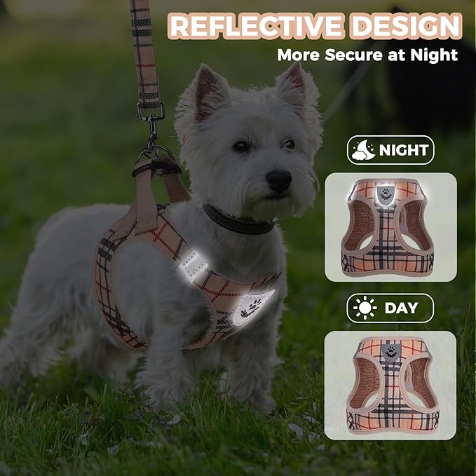 PAWCHIE Dog Harness and Leash Set, Step in No Pull Soft Pet Harness, Reflective Adjustable Puppy Vest for Small Medium Dogs Cats,No Choke Harness Vest with Poop Bag Holder for Walking,Running,Beige XS