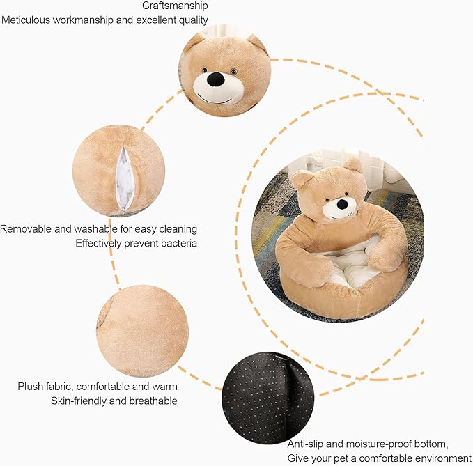 Dog Sofas & Chairs, pet Shape Sofa, Slip Resistant Dog cat Furniture, Adorable Bear Shaped Pet Sofa Bed, Washable Dog cat Couch, Plush Soft Couch for Dogs and Cats S(bottomDiameter46cm) Brown+mat