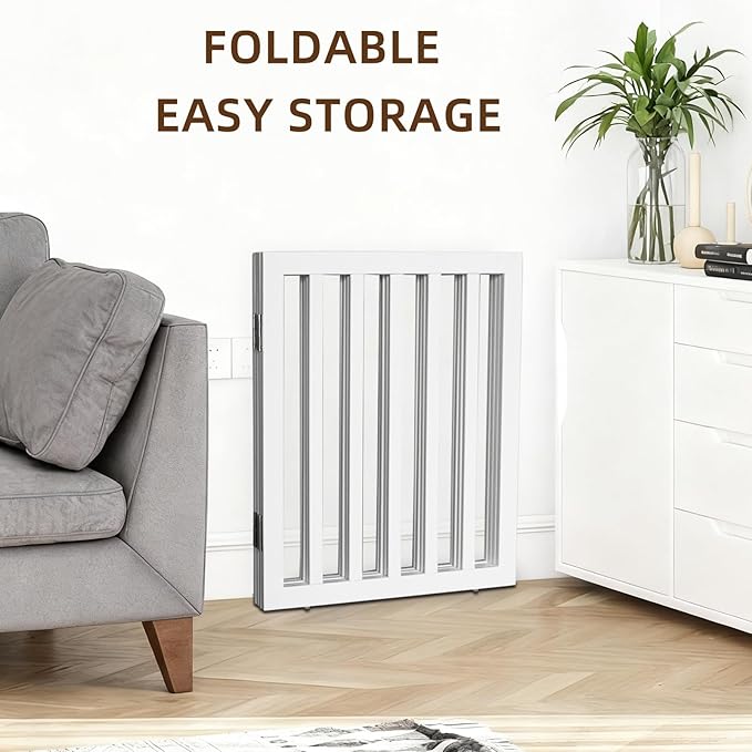 Dog Gate Indoor, Freestanding Dog Fence for The House, Doorways, Hallways,or Stairs,Pet Gate Foldable Wooden,Expandable 24" Height 3 Panels,White