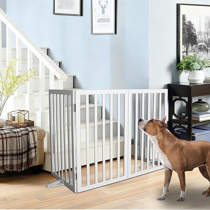 Dog Gate Indoor, Freestanding Dog Fence for The House, Doorways, Hallways,or Stairs,Pet Gate Foldable Wooden,Expandable 24" Height 4 Panels,White