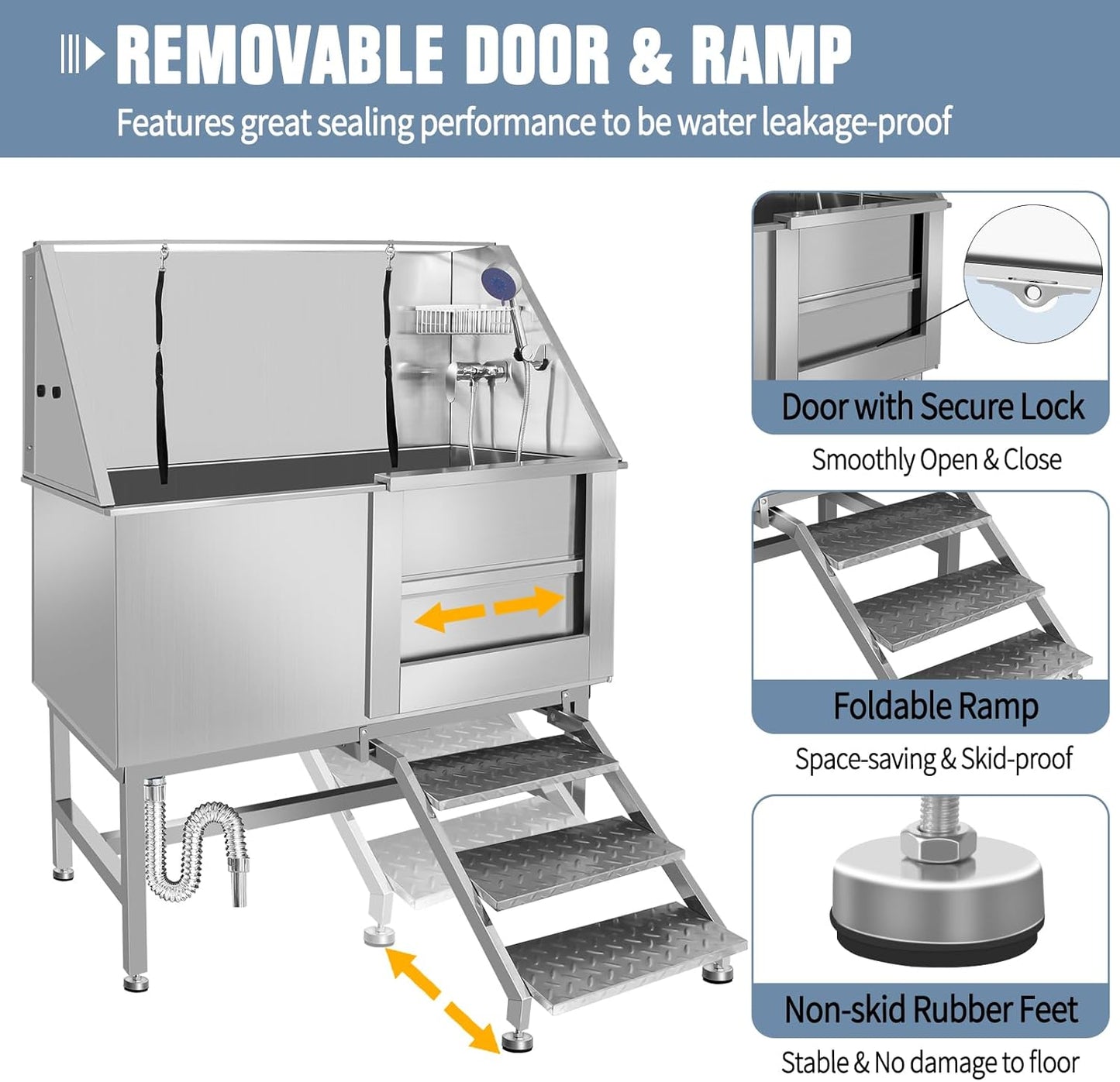 50 Inch Electric Dog Bathing Station For Large Dogs, Height Adjustable Stainless Steel Dog Pet Washing Station, Professional Dog Grooming Tub With Electric Lift, Pet Wash Bath Station (50" Right door)