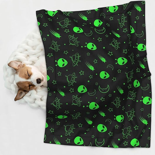 Dog and Cat Blanket in One, Green Alien Moon Spaceships Planet Black, Double Sided Plush Throw with Raised Dot Pattern on One Side and Flat Velvet on Other for Variety