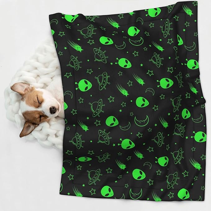 Reversible Plush Dot Pet Blanket for Dogs and Cats, Green Alien Moon Spaceships Planet Black, Ultra Soft Two Sided Design with Warm Fuzzy Side and Smooth Side for Comfort