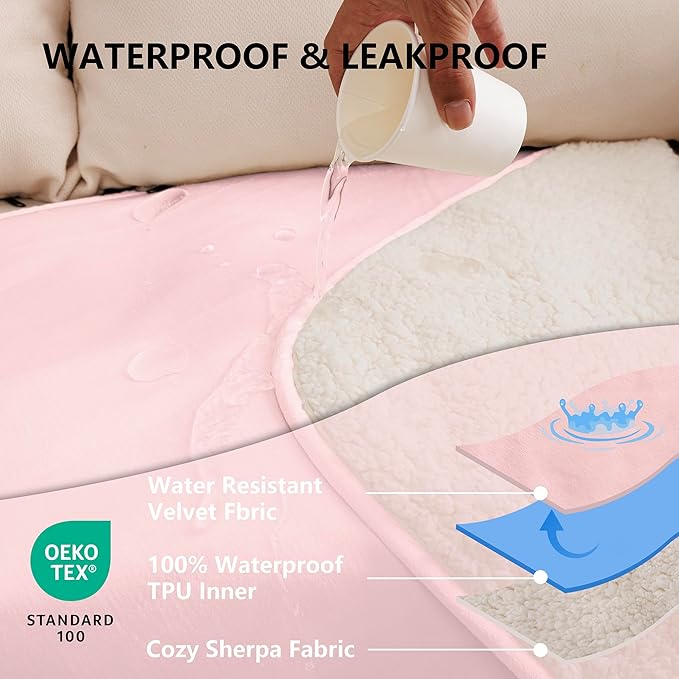 Waterproof Blanket for Couch, Leak Proof Dog Bed Sherpa Throw Blankets Reversible Pet Sofa Furniture Protector Machine Washable-50 x60,Pink