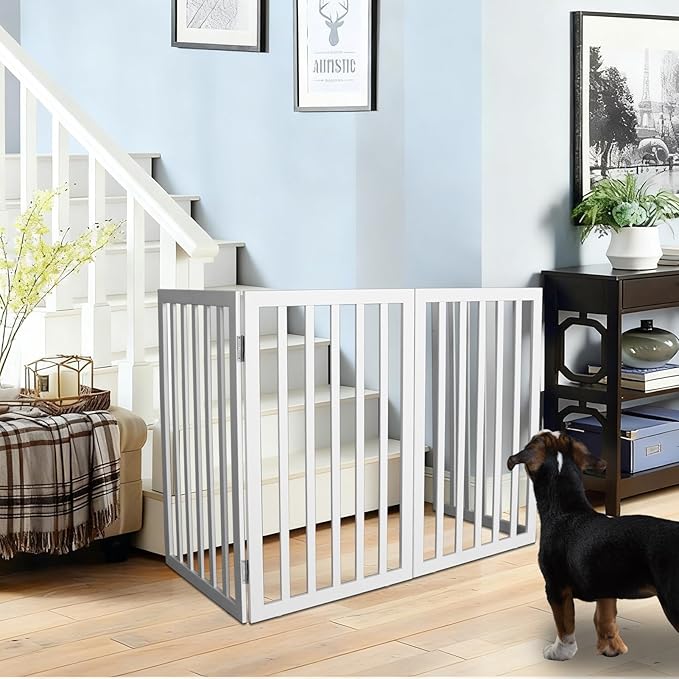 ZJSF Freestanding Indoor Dog Gate for House Foldable Wood White Puppy Gate for Doorways Pet Gate for Stairs Extra Wide Pet Fence 32" Height 4 Panels