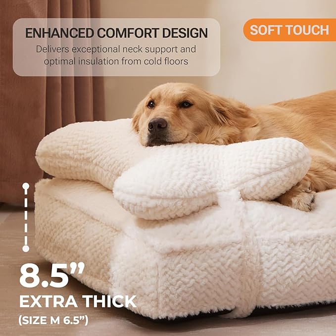 Soft Touch Faux Fur Dog Bed for Extra Large Dogs 8.5" Extra Thick, Orthopedic Pet Bed with Waterproof Liner and Washable Cover, with Removable Cute Pillow, Cream Color