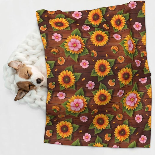 Two Sided Plush Pet Blanket for Warmth Comfort, Western Wood Rustic Sunflowers, Reversible Throw with Cozy Nubby Side for Chilly Nights Napping Spots Around House