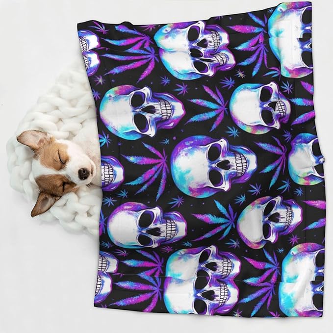 Two Sided Plush Pet Blanket for Warmth Comfort, Blue Weedleaf Trippy Skull Crossbones Black, Reversible Throw with Cozy Nubby Side for Chilly Nights Napping Spots Around House