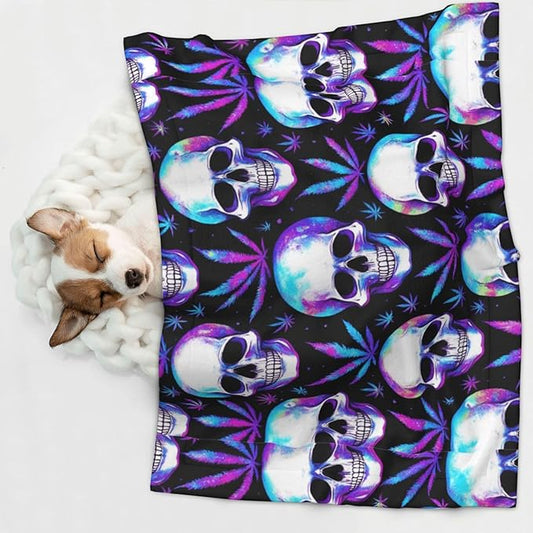 Two Sided Plush Pet Blanket for Warmth Comfort, Blue Weedleaf Trippy Skull Crossbones Black, Reversible Throw with Cozy Nubby Side for Chilly Nights Napping Spots Around House