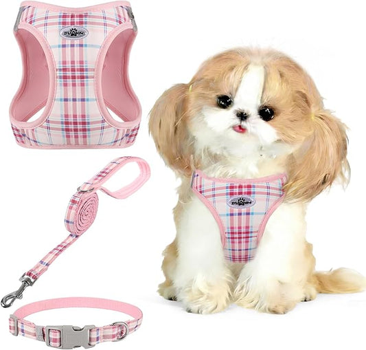 Gyuzh Dog Harness and Leash Set for Puppies - 3 Piece Step in No Pull Vest & Collar, Extra Small Kitten Harness, Breathable Reflective Plaid, Padded Leash (Pink, S)
