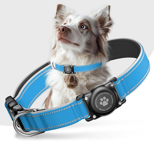 Airtag Dog Collar - 100% Waterproof Air tag Dog Collar Holder for Apple AirTag, Reflective, Soft Padded, Everlasting, GPS Dog Collar for Small Medium Large Dogs (Blue, L)