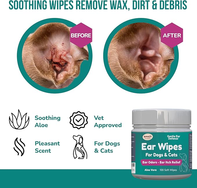 Benefit Pet Products Dog Ear Wipes - Ear Cleaner for Dogs to Prevent Infections, Itching & Odor - Aloe & Eucalyptus, Grooming Wipes - 100 Count