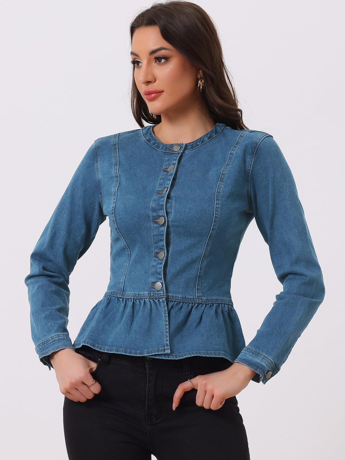 Allegra K Women's Peplum Denim Jacket Collarless Ruffle Hem Jacket