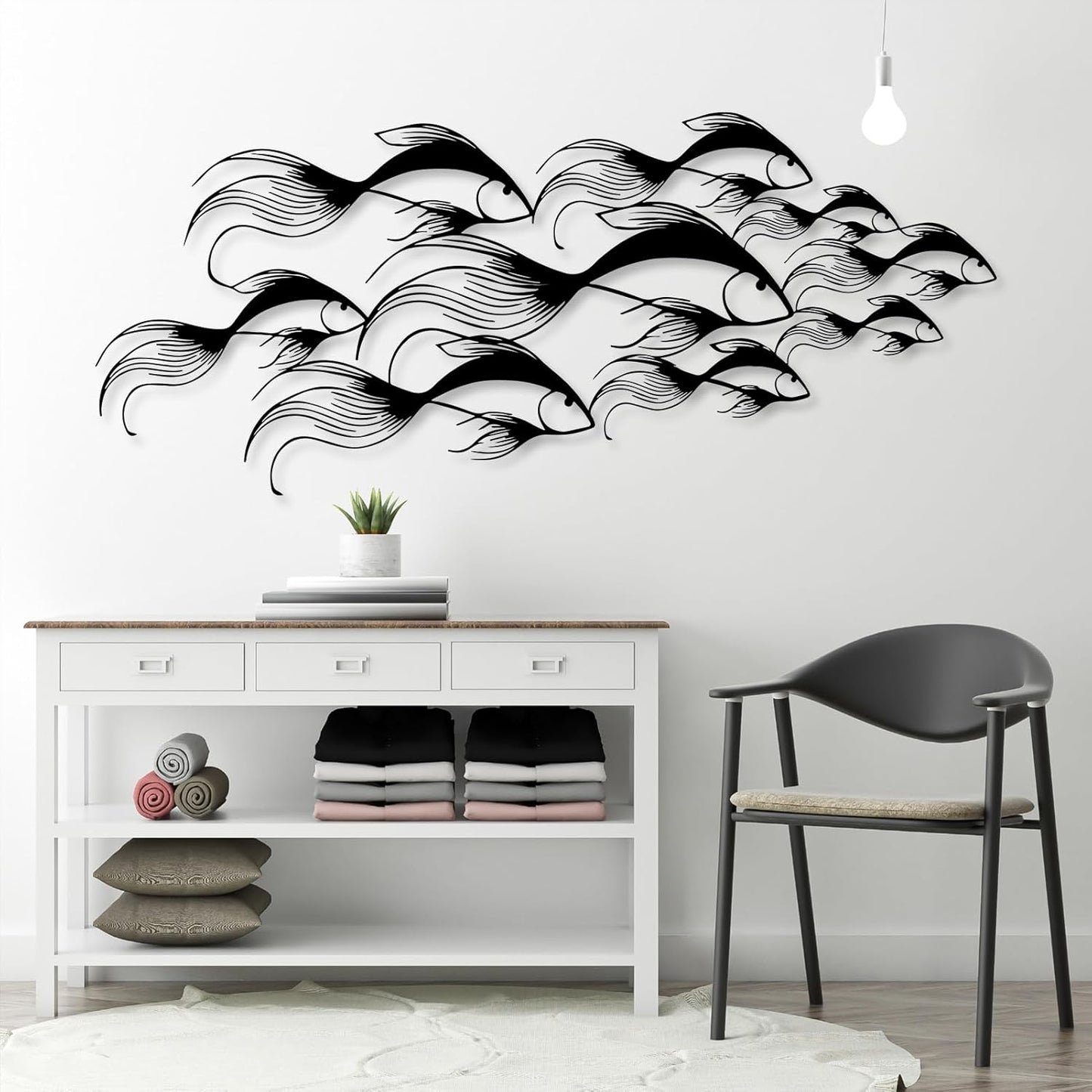 School of Fish Metal Wall Art, Metal Fish Wall Decor, Sea Life Wall Art, Large Nautical Wall Hanging, Modern Beach House Wall Decor, Ocean Themed Artwork for Bathroom (White, 53"x22" | 135x57cm)