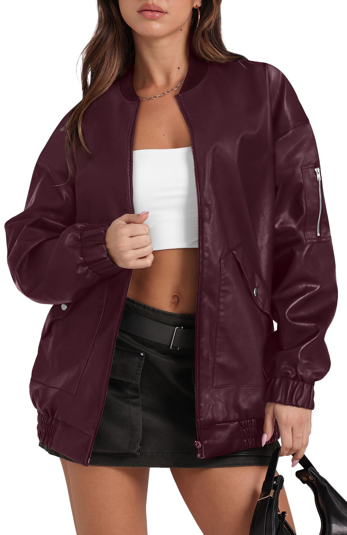 XIEERDUO Leather Jacket Women Faux Oversized Motorcycle Bomber Coats 2025 Fall Fashion Outfits Winter Clothes Burgundy M
