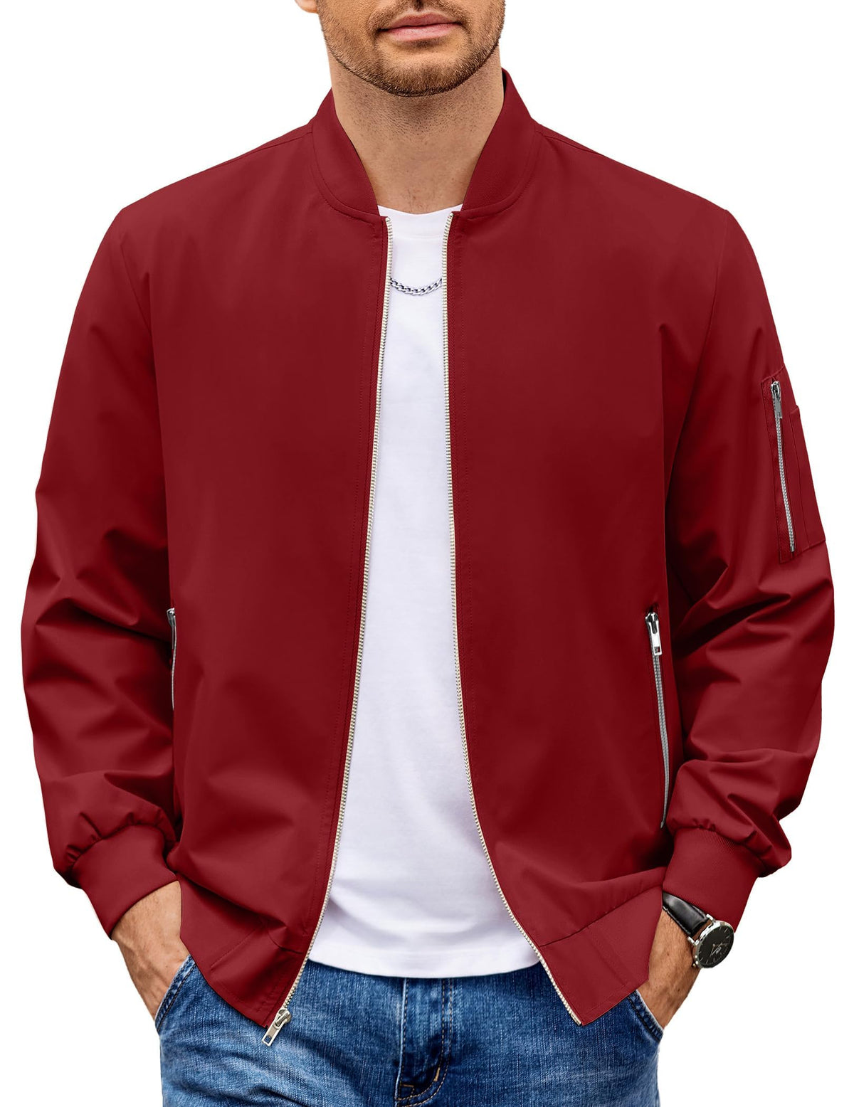 COOFANDY Bomber Jacket Lightweight Casual Windbreaker Red Spring Fall Zip Up Jackets Polyester Coat With Pocket L