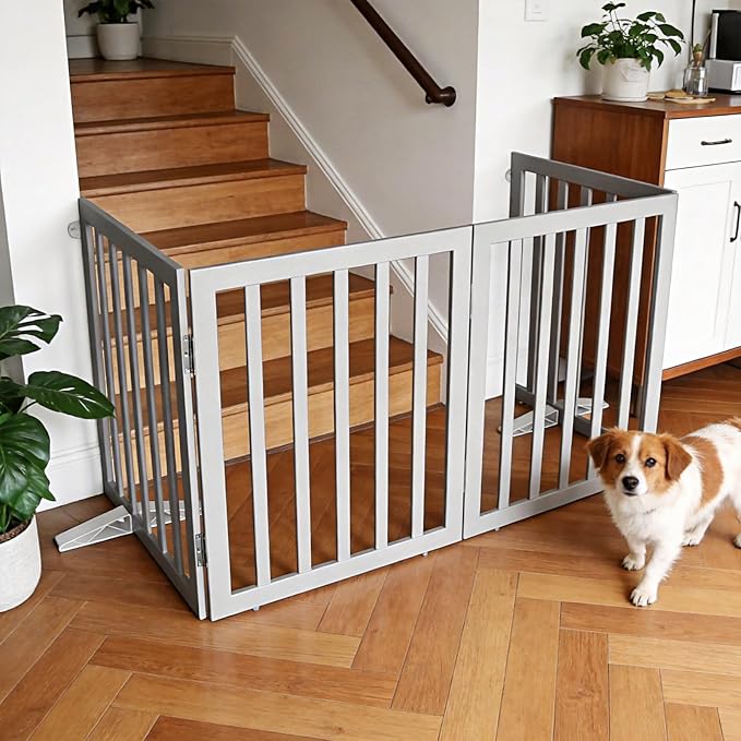 ZJSF Freestanding Indoor Dog Gate for House Foldable Wood Puppy Gate for Doorways Pet Gate for Stairs Extra Wide Pet Fence, Grey, 24" Height 3 Panels