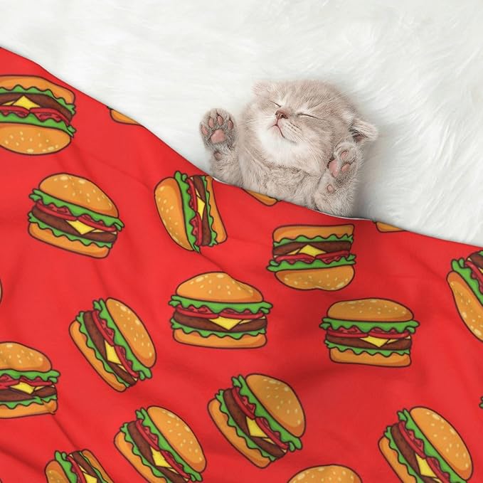Double Sided Pet Throw for Dogs Who Shed, Burger Hamburger Pattern Red, Reversible Blanket with Nubby Dot Side Catches Loose Fur for Easier Furniture Cleanup