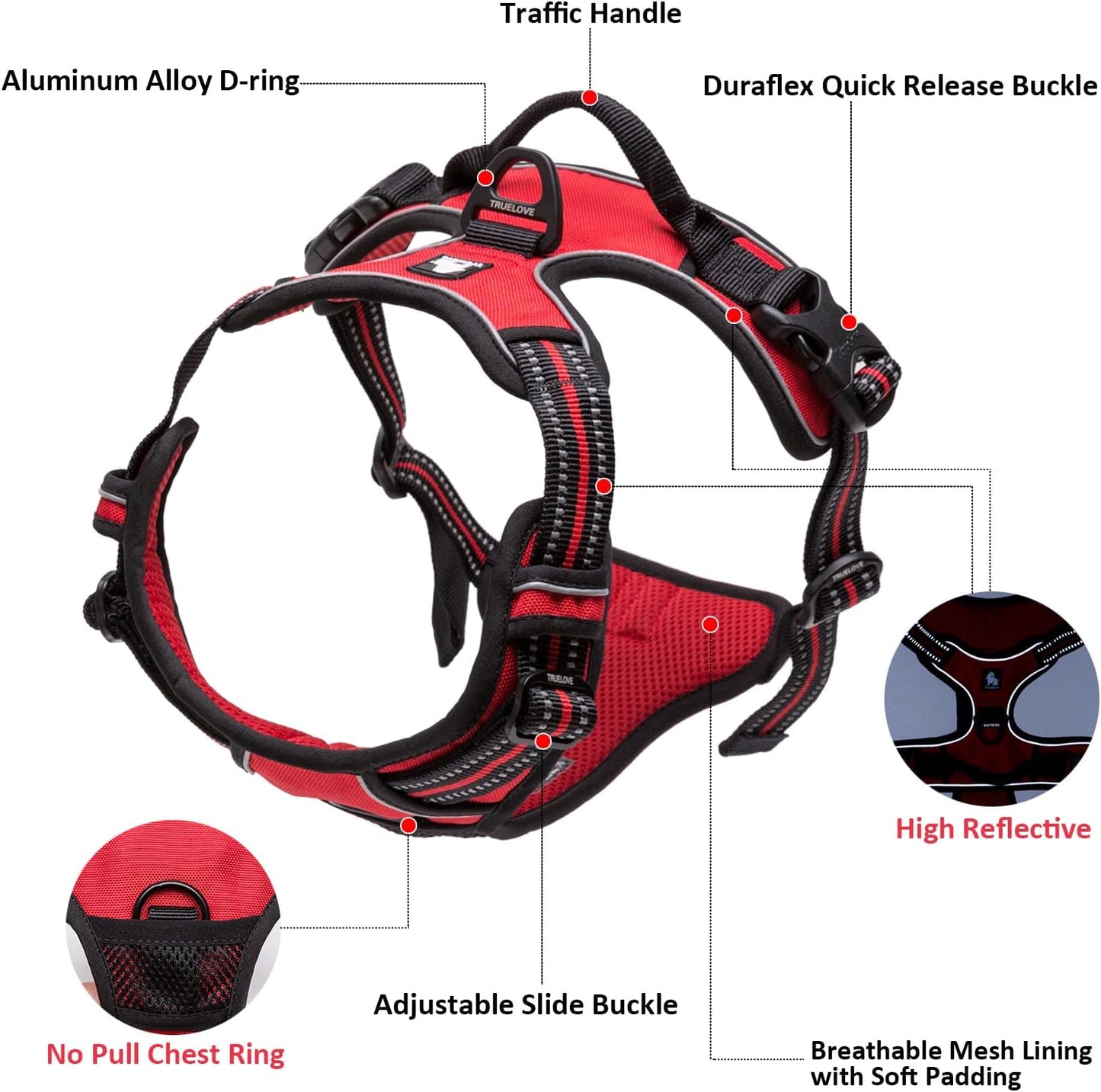 TRUE LOVE Truelove Adjustable No-Pull Dog Harness Reflective Pup Vest Harnesses Comfortable Control Brilliant Colors TLH5651(Black,M)