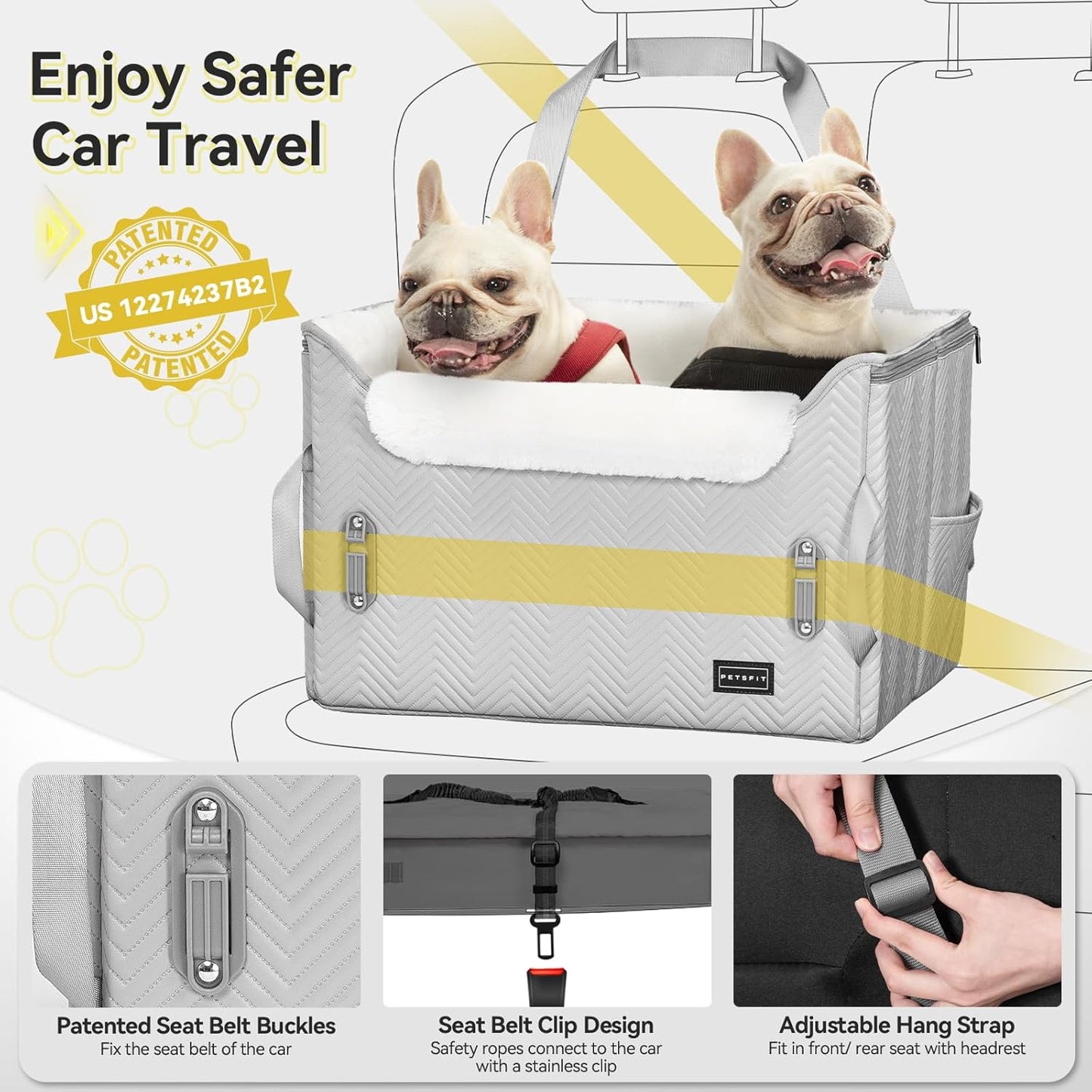 PETSFIT Dog Booster Car Seat, Waterproof PU Leather Car Seat for Dogs with Patented Safe Buckles, 2 Clip-On Safety Leashes, Suitable for 2 Small Dogs or a Medium Dog (Medium, Grey)