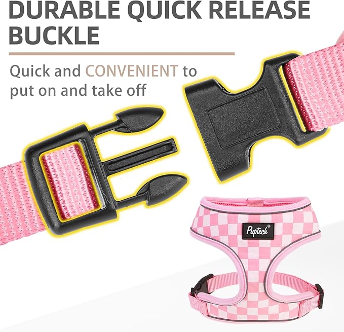 PUPTECK Soft Mesh Dog Harness and Leash Set Pet Puppy Cat Comfort Padded Vest No Pull Harnesses, Checkered Pink&White, L