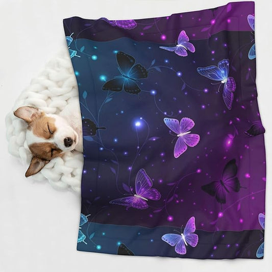 Double Sided Pet Mat for Dog Bed Topper Cat Blanket Furniture Protector, Background with Night Butterflies, Reversible Plush with Tactile Dot Pattern for Style Change