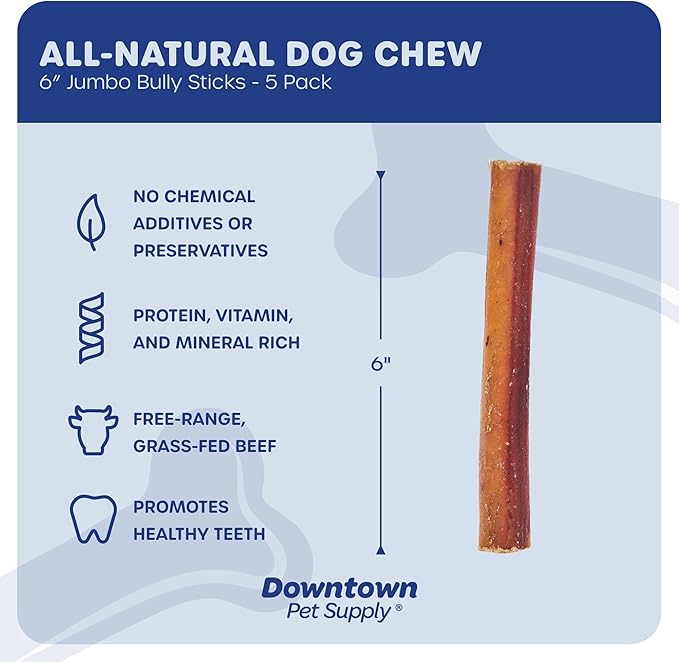 Downtown Pet Supply Jumbo Bully Sticks for Dogs - Natural Beef Chews, Low-Odor & Rawhide-Free, Long Lasting Dog Treats for Aggressive Chewers - Healthy, Safe & Delicious Chews Dogs Love (6" 5 Pack)