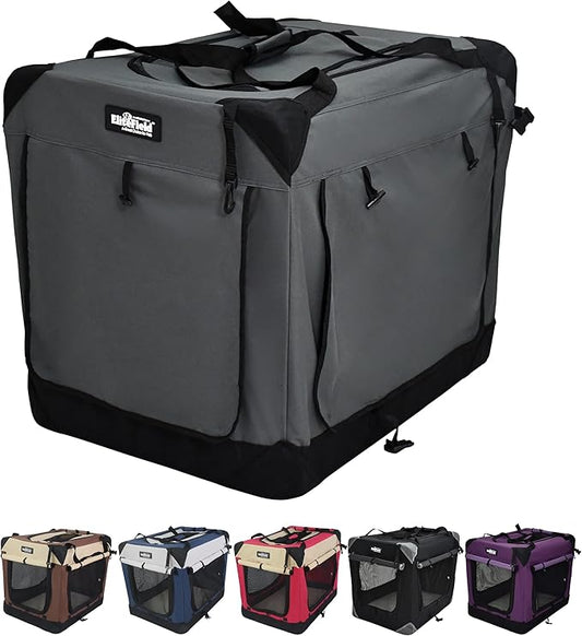 EliteField 4-Door Folding Soft Dog Crate with Curtains, Carrying Bag and Fleece Bed (2 Year Warranty), Indoor & Outdoor Pet Home (24" L x 18" W x 21" H, Gray+4 Door Curtains)