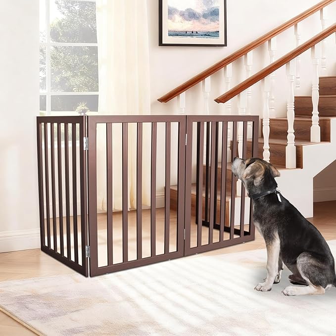 ZJSF Freestanding Indoor Dog Gate for House Foldable Wood Brown Puppy Gate for Doorways Pet Gate for Stairs Extra Wide Pet Fence 24" Height 4 Panels