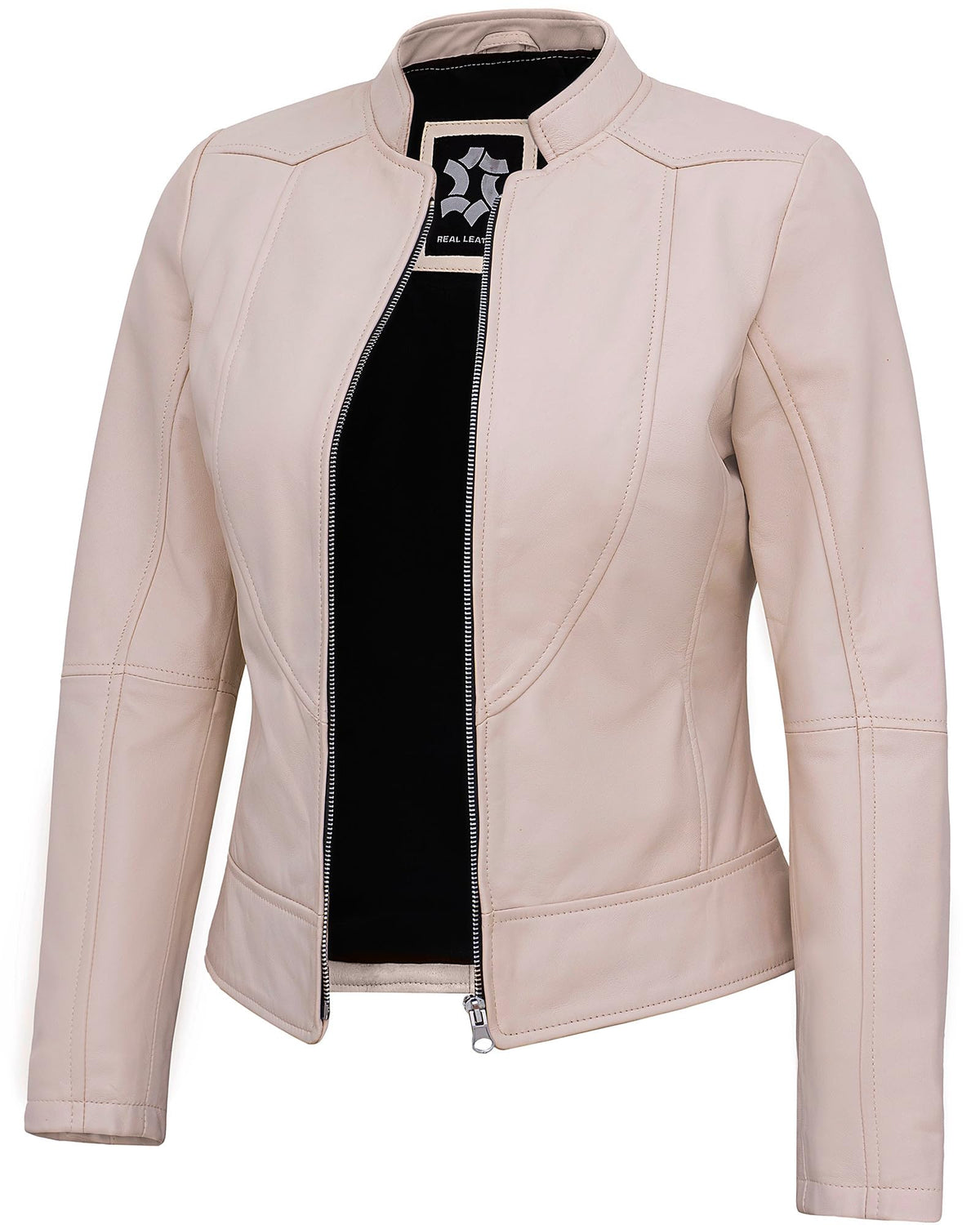 UrbanFocal Beige Leather Jacket For Women - Real Lambskin Cafe Racer Womens Leather Jackets | [101007604] Beige Amy, L