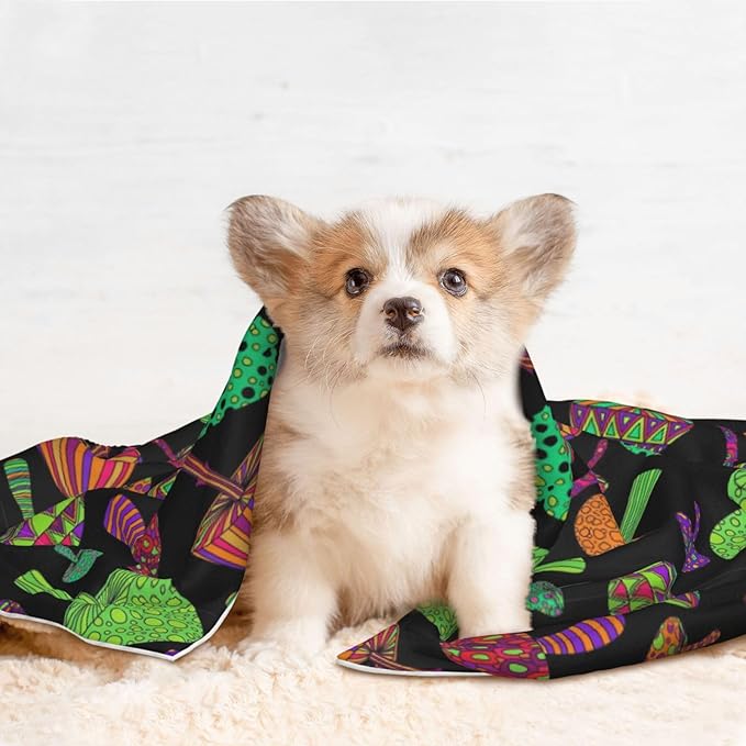 Pet Blanket for Car Rides Vet Visits, Trippy Mushrooms, Two Sided Reversible Plush Design with Bumpy Dot Side Offers Comfort Home Piece On Go Travel