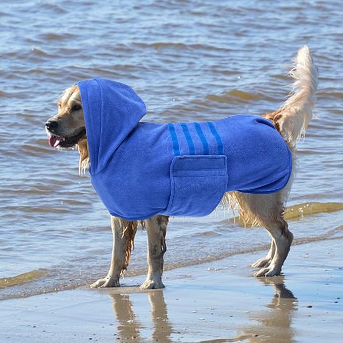 Geyecete Dog Drying Coats with Hood - Absorbent Robe Towel - Microfibre Fast Drying - Blue - XXL