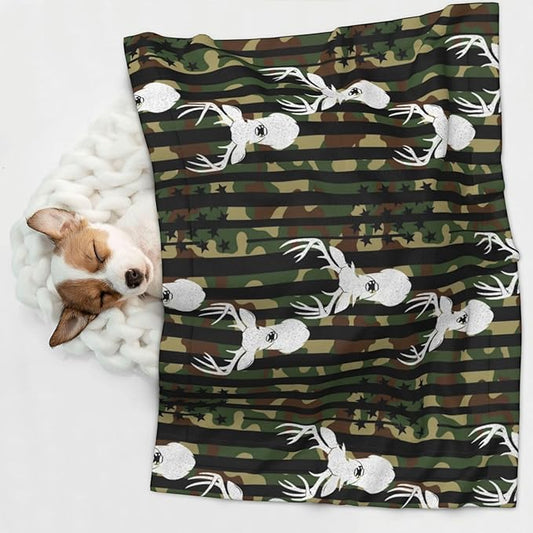 Reversible Pet Blanket for Easy Cleaning Maintenance, Cool Deer Camo Camouflage American Flag Hunting Black, Double Sided Plush Dot Design Means Double Use Between Washes for Convenience