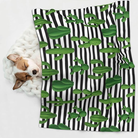 Two Sided Pet Cuddler Blanket for Anxiety Calming, Cactus and Stripes, Reversible Plush Design with Bubble Dot Pattern Provides Familiar Surface Anywhere