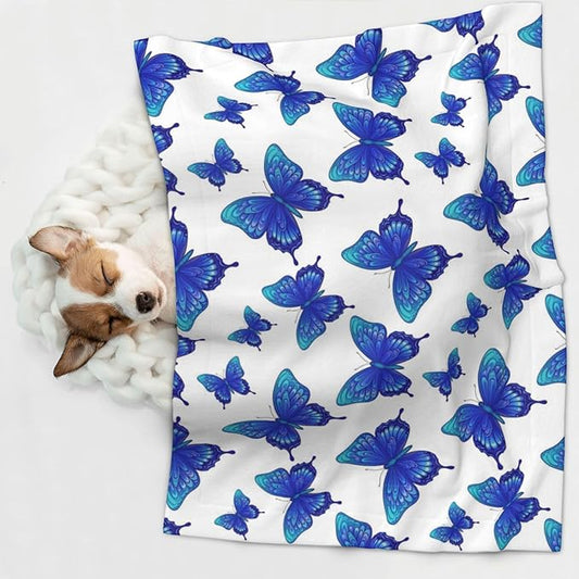 Pet Blanket for Car Rides Vet Visits, Butterflies Blue Purple, Two Sided Reversible Plush Design with Bumpy Dot Side Offers Comfort Home Piece On Go Travel