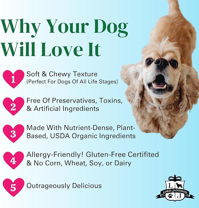 Lord Jameson Berry Best Soft & Chewy Organic Dog Treats - Strawberries & Beets- Gluten-Free, Preservative-Free, USDA Certified Organic – For All Life Stages - Made in USA 6 oz