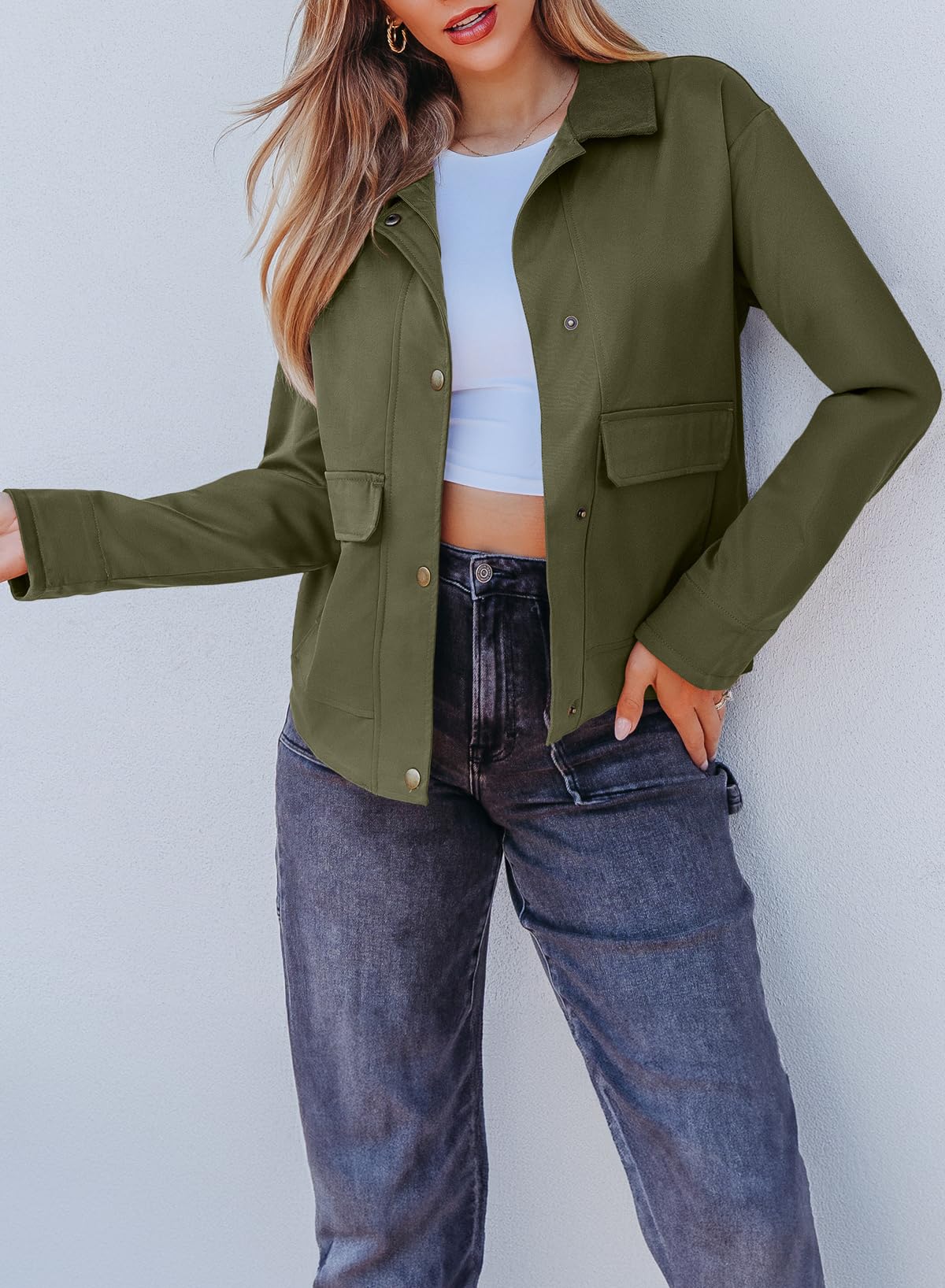 EVALESS Bomber Jacket Women Lightweight Button Down Jackets,Green,M