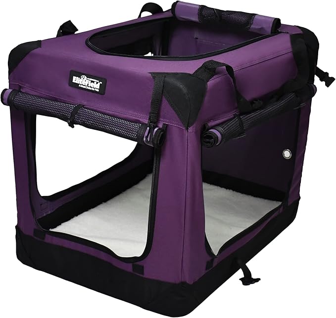EliteField 4-Door Folding Soft Dog Crate with Curtains, Carrying Bag and Fleece Bed (2 Year Warranty), Indoor & Outdoor Pet Home (42" L x 28" W x 32" H, Purple+4 Door Curtains)
