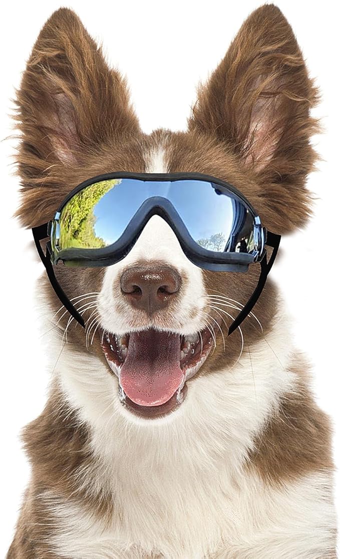 Dog Goggles Dog Sunglasses for Medium to Large Breed Anti-UV Eye Protection with Adjustable Straps- Silver