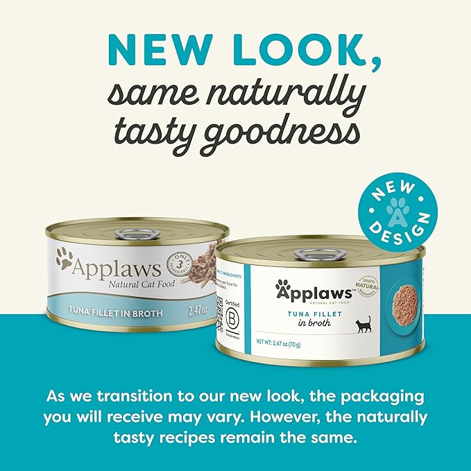 Applaws Natural Wet Cat Food, 24 Pack, Limited Ingredient Canned Wet Cat Food, Tuna Fillet in Broth, 2.47oz Cans