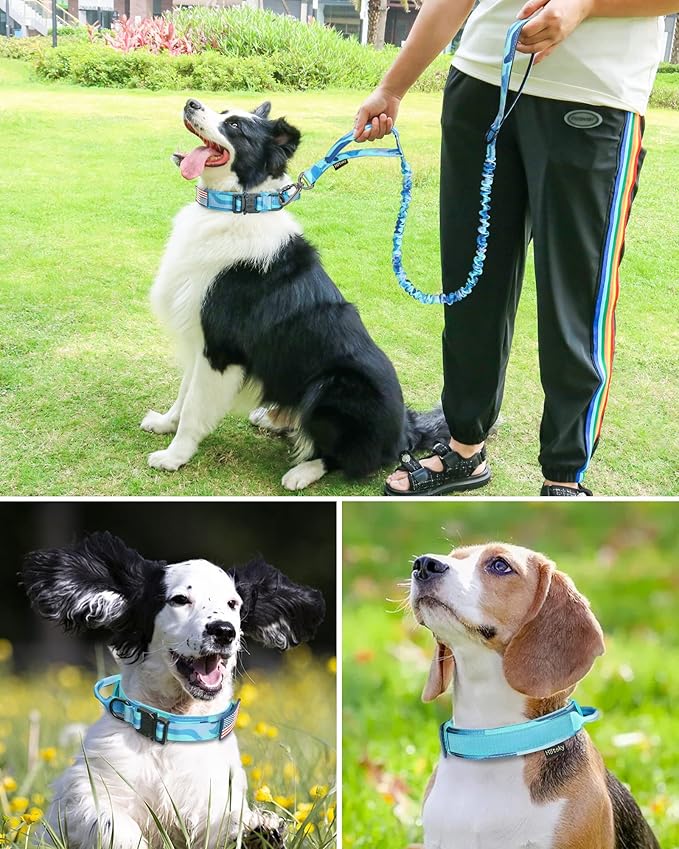 Hotsky Tactical Dog Collar and Leash Set, Heavy Duty Military Airtag Dog Collar with Handle and Metal Buckle for Training and Walking, with Airtag Holder and Two Patches (Blue Camo, XL)