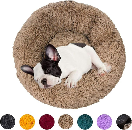 huraty Plush Calming Dog Bed, Faux Fur Donut Cuddler Bed for Cats, Anti-Skid & Anti-Anxiety, 20 Inch for Puppy and Kitties, Khaki, S