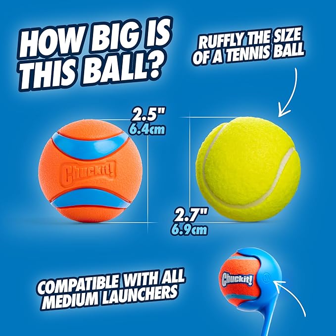 Chuckit! Ultra Dog Ball & Launcher Bundle Classic 26M 26" Length with 2 Pack Medium (2.5") Bouncy Fetch Balls for Dogs 20-60 lbs, Dog Fetch Ball Thrower