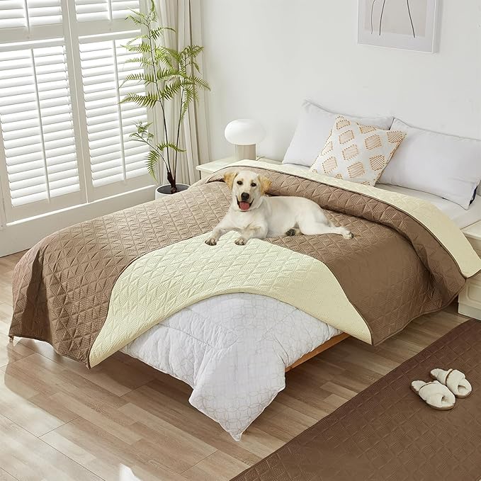 GIBZ Water Resistant Dog Bed Blanket Cover Large Anti Slip Pet Furniture Protector Washable Cat Quilted Mat for Couch, Khaki, 100x127cm