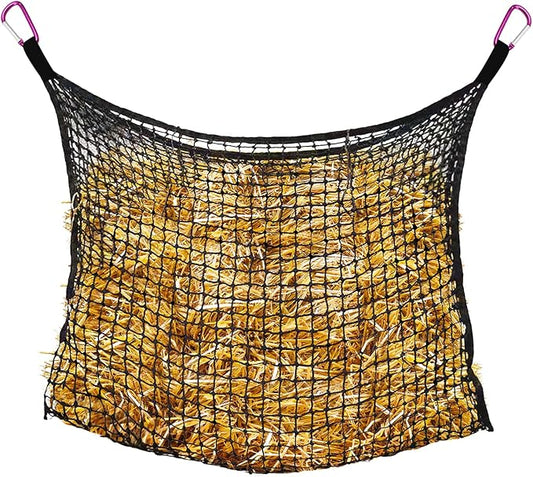 Bloomoak Knotless Slow Feed Hay Net with 4 Carabiner Clips for Horses/Open Top Hanging Hay Bag with Large Capacity for Full Day Feeding/Trailer (1.2" Hole for Ultra Slow Feed, M 35 * 31")…
