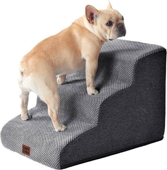 EHEYCIGA Curved Dog Stairs Ramp for Small Dogs 15.7" H, 3-Step Dog Steps for Couch Sofa and Chair, Pet Stairs for Cats, Non-Slip Balanced Pet Steps Indoor, Grey
