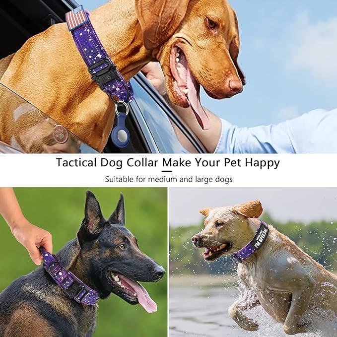 DAGANXI Tactical Dog Collar, Adjustable Military Training Nylon Dog Collar with Control Handle and Heavy Metal Buckle for Medium and Large Dogs, with Patches and Airtags Case (XL, Purple Sky)