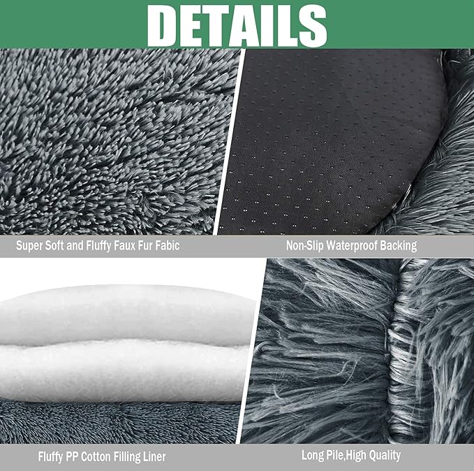 Calming Faux Fur Dog Beds Calming Donut Cuddler Dog Bed Washable Round Cat Bed Pillow Cuddler Fluffy Indoor Dog Calming Beds with Anti Slip Bottom Solid Color Light Grey 43 Inch
