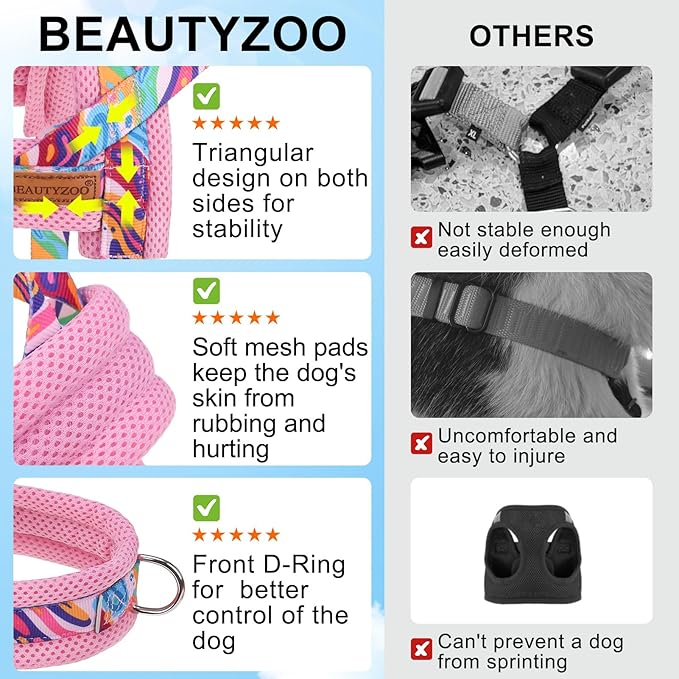 BEAUTYZOO Dog Harness for Small Dogs,No Pull Dog Harness and Leash Set,Soft Escape Proof Puppy Vest Harness with Handle,Reflective Lightweight Step in Harness for Girl Boy Dogs,Pink_Print XS